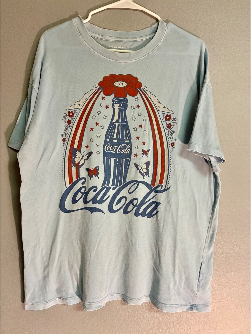 American Eagle x Coca-Cola Graphic T-Shirt Light Blue Retro Floral Butterfly M
